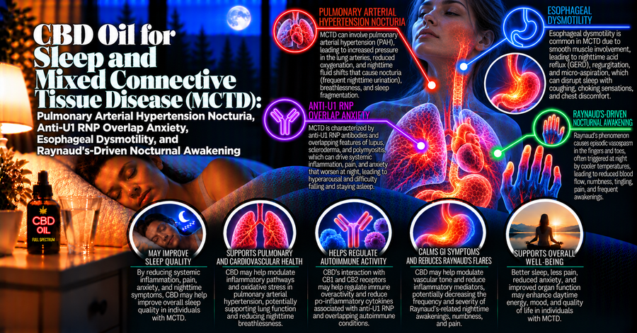CBD Oil for Sleep and Mixed Connective Tissue Disease (MCTD): Pulmonary Arterial Hypertension Nocturia, Anti-U1 RNP Overlap Anxiety, Esophageal Dysmotility, and Raynaud's-Driven Nocturnal Awakening | PureCraft CBD