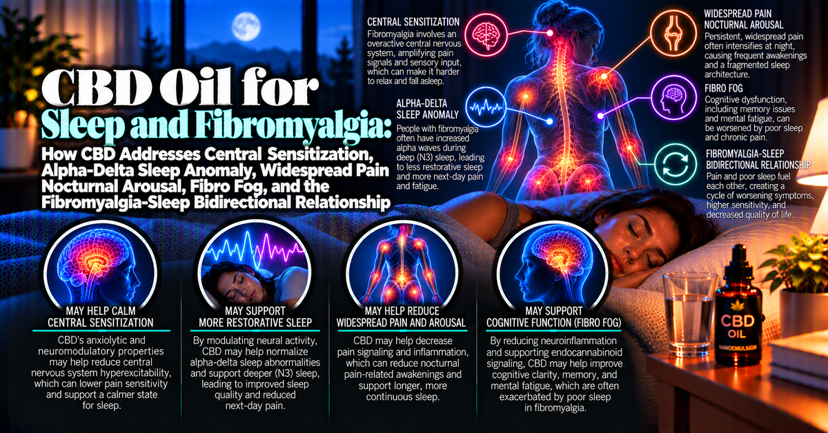 CBD Oil for Sleep and Fibromyalgia: How CBD Addresses Central Sensitization, Alpha-Delta Sleep Anomaly, Widespread Pain Nocturnal Arousal, Fibro Fog, and the Fibromyalgia-Sleep Bidirectional Relationship