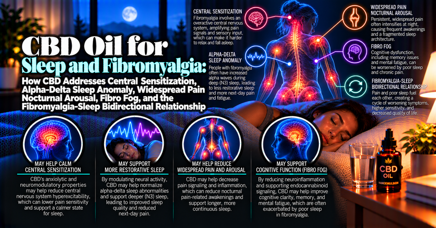 CBD Oil for Sleep and Fibromyalgia: How CBD Addresses Central Sensitization, Alpha-Delta Sleep Anomaly, Widespread Pain Nocturnal Arousal, Fibro Fog, and the Fibromyalgia-Sleep Bidirectional Relationship