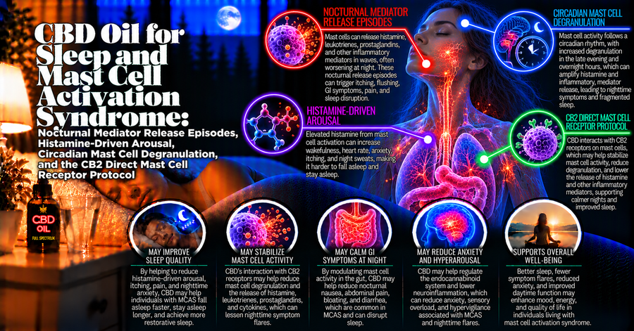 CBD Oil for Sleep and Mast Cell Activation Syndrome: Nocturnal Mediator Release Episodes, Histamine-Driven Arousal, Circadian Mast Cell Degranulation, and the CB2 Direct Mast Cell Receptor Protocol