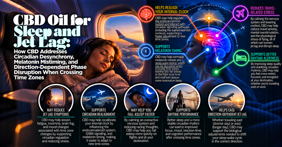 CBD Oil for Sleep and Jet Lag: How CBD Addresses Circadian Desynchrony, Melatonin Mistiming, and Direction-Dependent Phase Disruption When Crossing Time Zones | PureCraft CBD