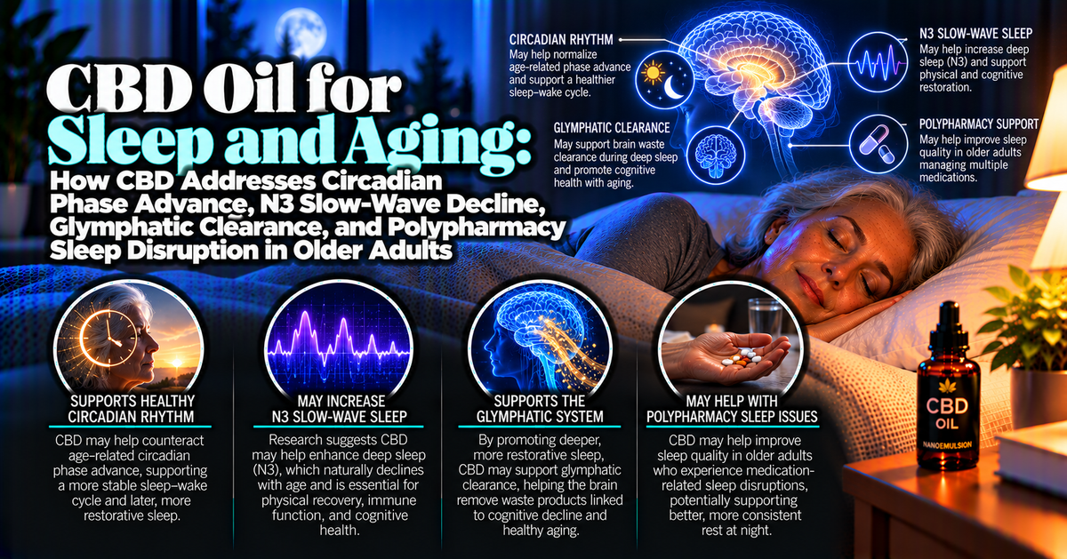 CBD Oil for Sleep and Aging: How CBD Addresses Circadian Phase Advance, N3 Slow-Wave Decline, Glymphatic Clearance, and Polypharmacy Sleep Disruption in Older Adults