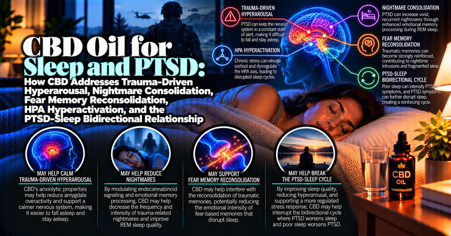 CBD Oil for Sleep and PTSD: How CBD Addresses Trauma-Driven Hyperarousal, Nightmare Consolidation, Fear Memory Reconsolidation, HPA Hyperactivation, and the PTSD-Sleep Bidirectional Relationship