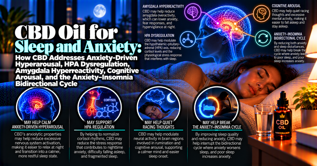 CBD Oil for Sleep and Anxiety: How CBD Addresses Anxiety-Driven Hyperarousal, HPA Dysregulation, Amygdala Hyperreactivity, Cognitive Arousal, and the Anxiety–Insomnia Bidirectional Cycle