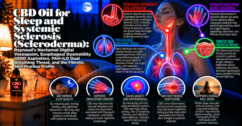 CBD Oil for Sleep and Systemic Sclerosis (Scleroderma): Raynaud's Nocturnal Digital Vasospasm, Esophageal Dysmotility GERD Aspiration, PAH-ILD Dual Breathing Threat, and the Fibrotic Skin Pruritus Profile