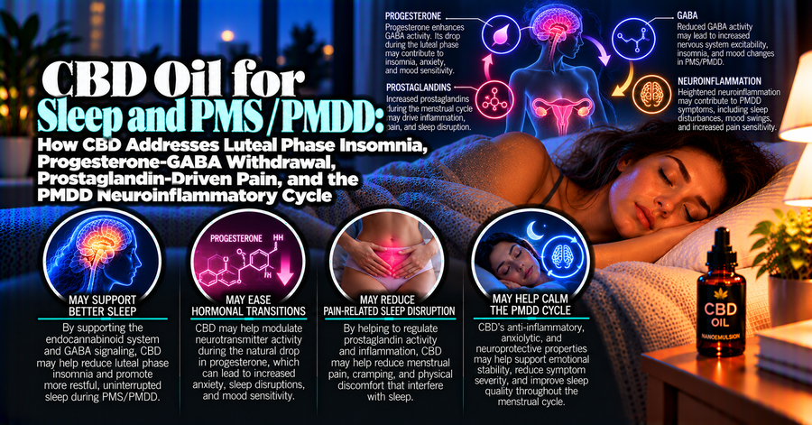 CBD Oil for Sleep and PMS / PMDD: How CBD Addresses Luteal Phase Insomnia, Progesterone-GABA Withdrawal, Prostaglandin-Driven Pain, and the PMDD Neuroinflammatory Cycle