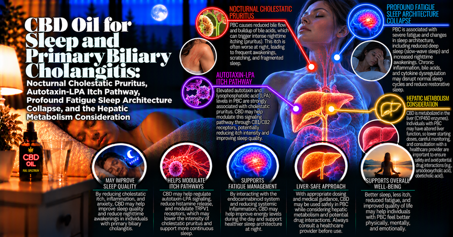 CBD Oil for Sleep and Primary Biliary Cholangitis: Nocturnal Cholestatic Pruritus, Autotaxin-LPA Itch Pathway, Profound Fatigue Sleep Architecture Collapse, and the Hepatic Metabolism Consideration