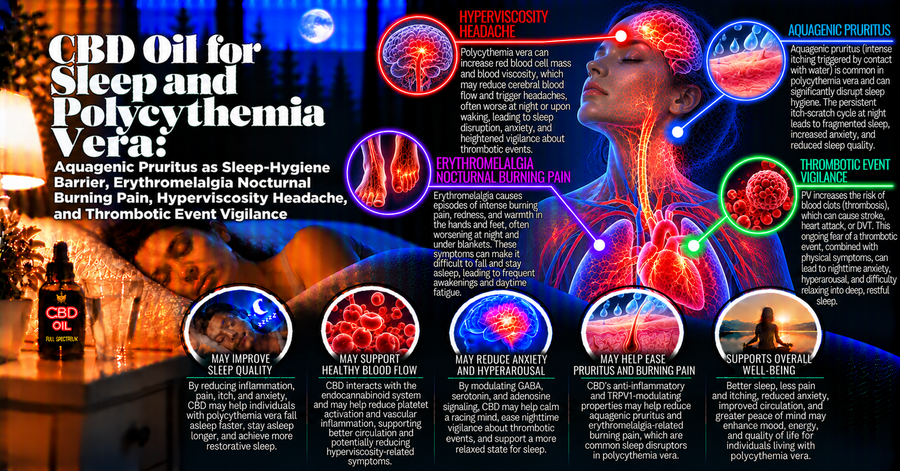 CBD Oil for Sleep and Polycythemia Vera: Aquagenic Pruritus as Sleep-Hygiene Barrier, Erythromelalgia Nocturnal Burning Pain, Hyperviscosity Headache, and Thrombotic Event Vigilance